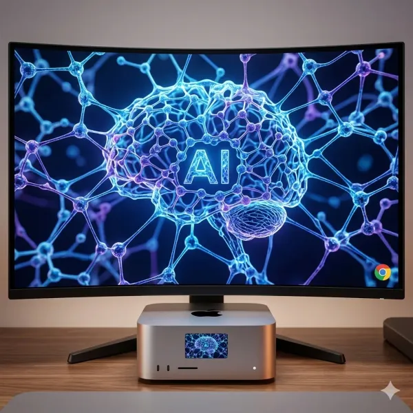 A curved desktop monitor on a wooden desk displaying a glowing blue and purple neural network shaped like a human brain, with the letters 'AI' lit up in its center. Below the monitor stands a small desktop computer showing an AI chip icon on its front display.