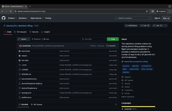 Strona główna projektu "Domino Tiling" na GitHub.